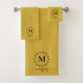 Modern Yellow Black Botanic Wreath Monogram Badhandtuch Set