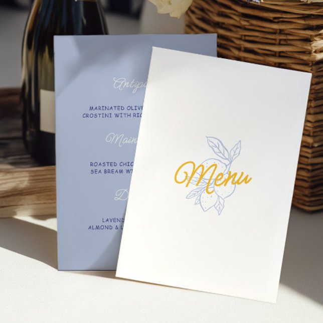 Modern Yellow & Blue Citrus Wedding Menu Card Menükarte (Modern Yellow & Blue Citrus Wedding Menu Card)