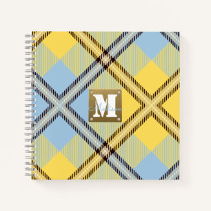 Modern Yellow Blue Kariert Tartan Leder Monogramm Notizbuch