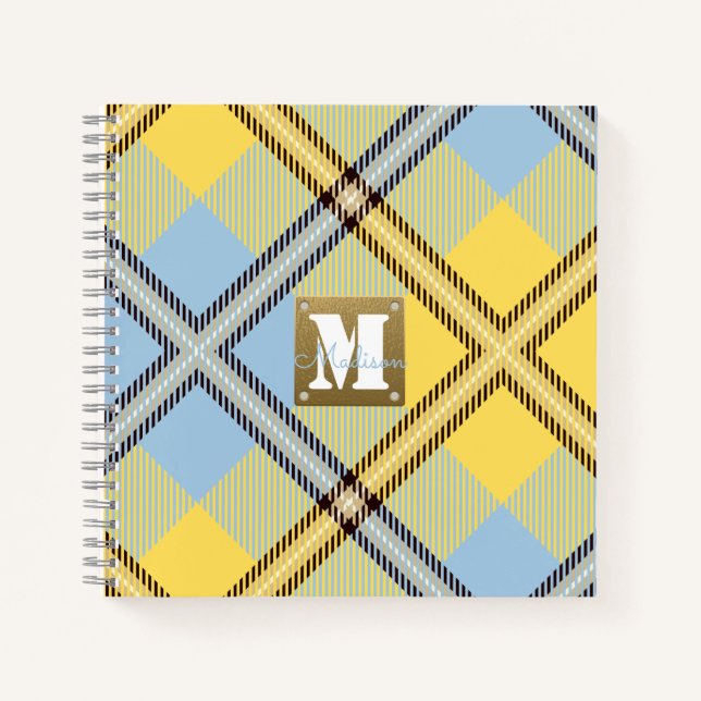 Modern Yellow Blue Kariert Tartan Leder Monogramm Notizbuch (Vorderseite)