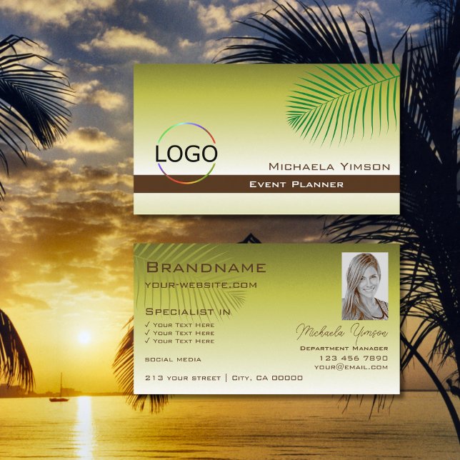 Modern Yellow Gradient Palm Leaf Logo und Foto Visitenkarte (Von Creator hochgeladen)