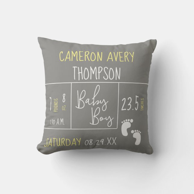 Modern Yellow Gray Baby Boy Foto Birth Kissen (Vorderseite)