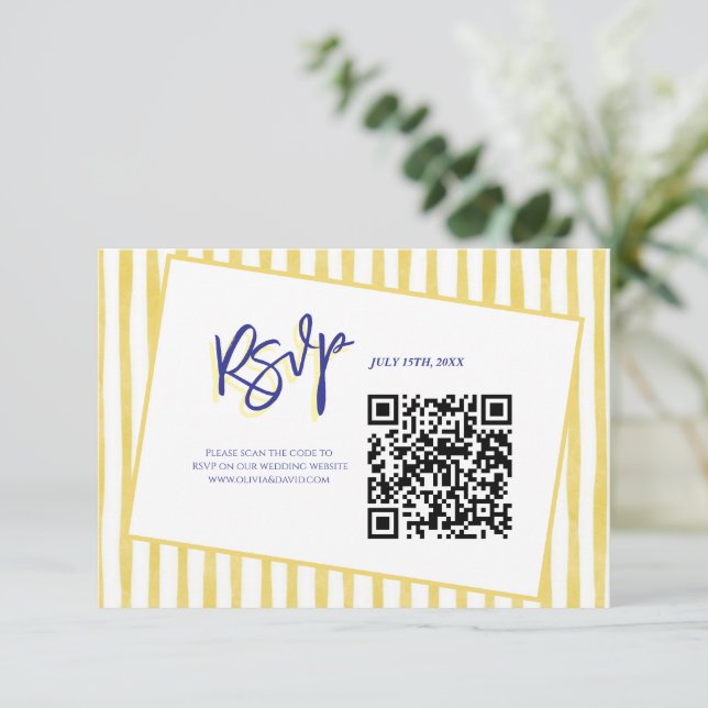 Modern Yellow Hand Written Stripe QR Code Wedding RSVP Karte (Stehend Vorderseite)