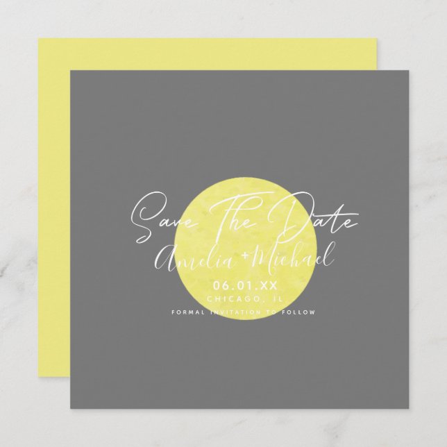 Modern Yellow Moon Grau Save the Date Karte (Vorne/Hinten)