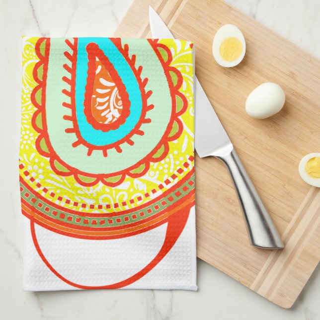 Modern Yellow Orange Aqua Mint Paisley Geschenke Küchentuch (Viertel Falte)
