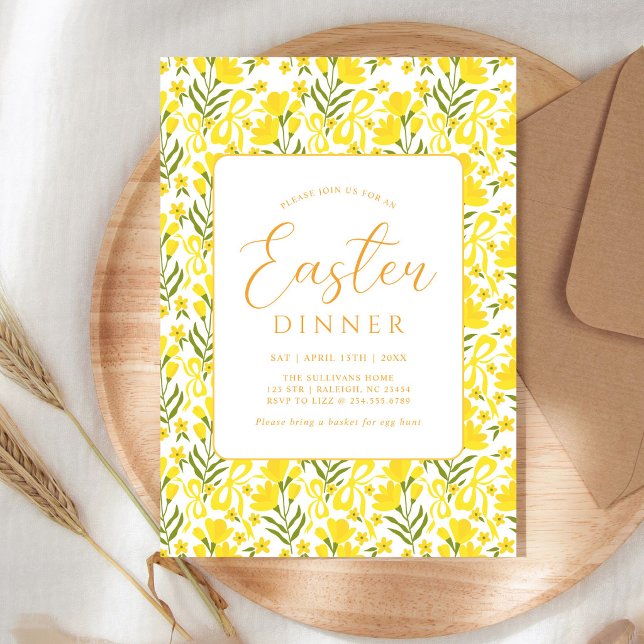 Modern Yellow Spring Floral Bow Easter Dinner Einladung (Von Creator hochgeladen)