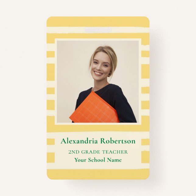 Modern Yellow Stripes Teacher Photo ID Badge (Devant)