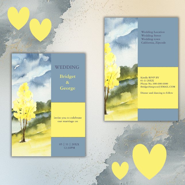 Modern Yellow Tree Landscape destination Wedding Einladung (Von Creator hochgeladen)