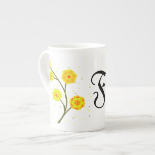 Modern yellow watercolor floral monogram name prozellantasse