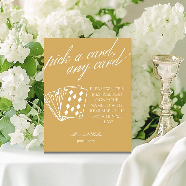 Modern Yellow Wedding Playing Cards Pedestal-Zeich Sockelschild (Add a fun touch to your wedding or event with this modern serif playing cards guest book sign.)