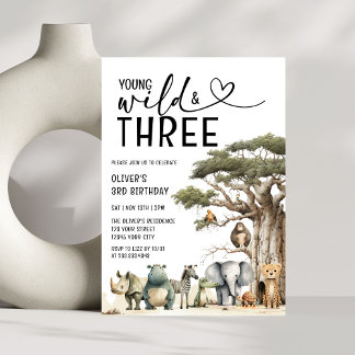 Modern Young Wild and Three Safari 3. Geburtstag Einladung