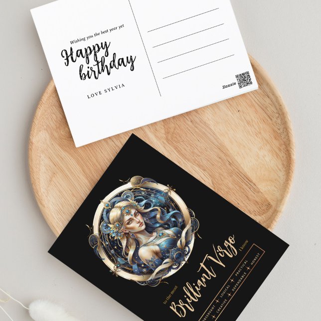 Modern Zodiac Sign Blue Gold Jungfrau Virginia Geb Postkarte (Von Creator hochgeladen)