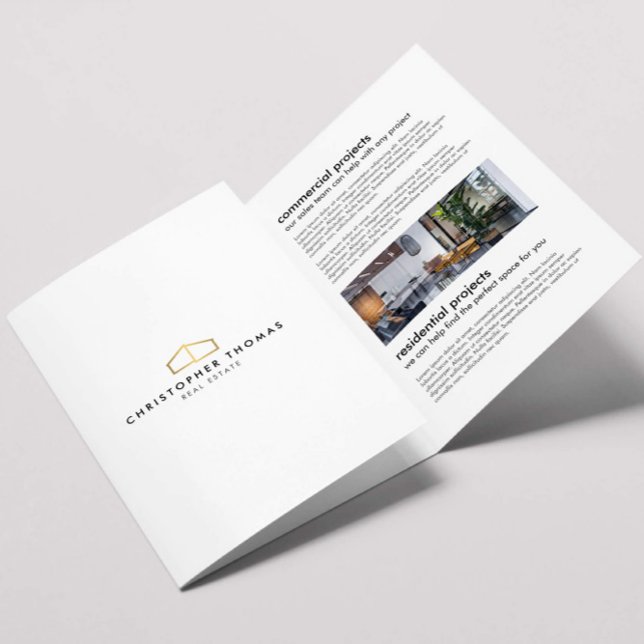 Modern Zuhause Logo Real Anwesen White/Gold Brosch Dreifach Gefaltete Karte (Von Creator hochgeladen)