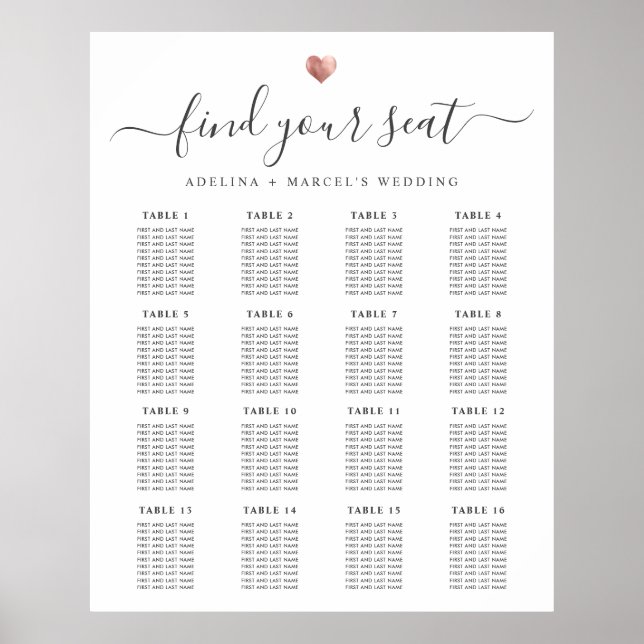 ModernCalligraphy Gold Heart Wedding Chart Poster (Vorne)
