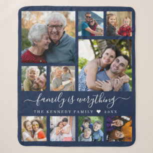 Moderne 10-Foto-Collage-Zitat Familienname Blau Sherpadecke