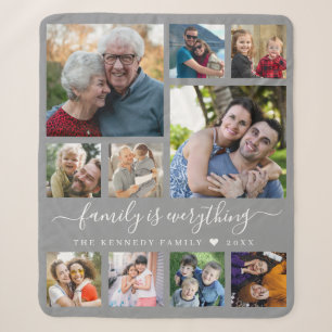 Moderne 10-Foto-Collage-Zitat Familienname Grau Sherpadecke