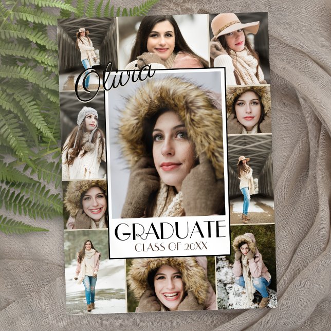 Moderne 11 Photo Collage Faire-part de graduation (modern elegant trendy senior photo collage graduation announcement invitations with script)