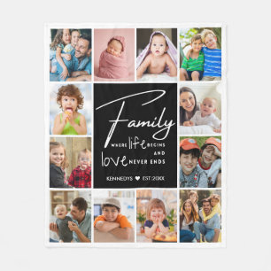 Moderne 12-Foto-Collage Familienname Zitat Fleecedecke