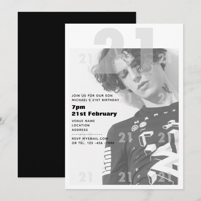 Moderne 21e anniversaire GARÇON Invitation de la f (Devant / Derrière)