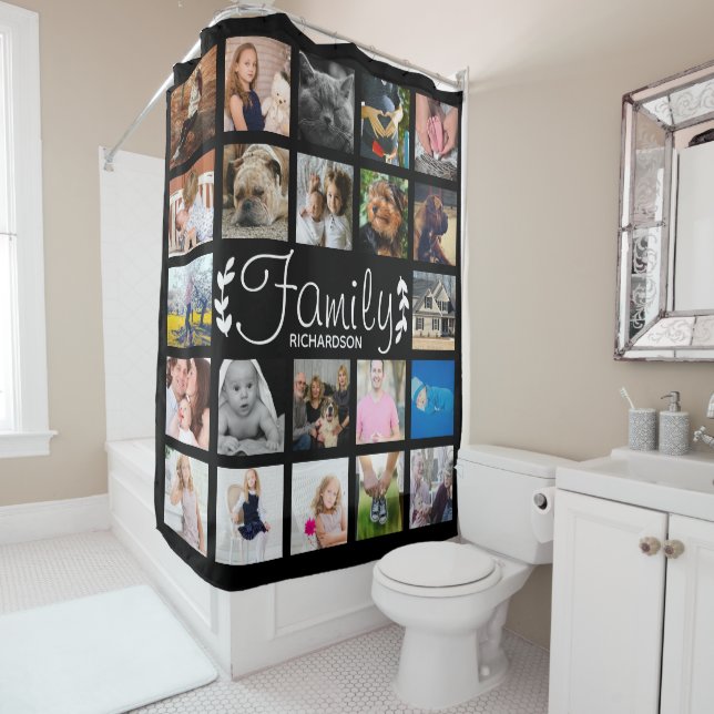 Moderne 22 Familien-Foto-Collage u. Name Duschvorhang (Beispiel)