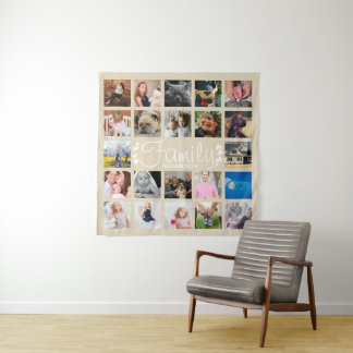 Moderne 22 Familien-Foto-Collage u. weiße Lorbeer Wandteppich