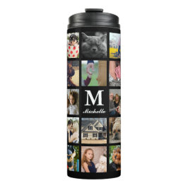 Moderne 24 Familien-Foto-Collage mit Initiale u. Thermosbecher