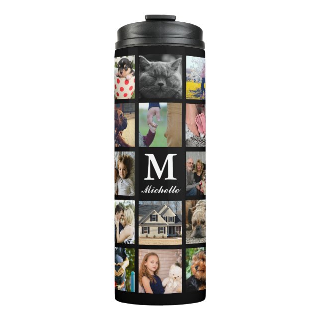 Moderne 24 Familien-Foto-Collage mit Initiale u. Thermosbecher (Vorderseite)