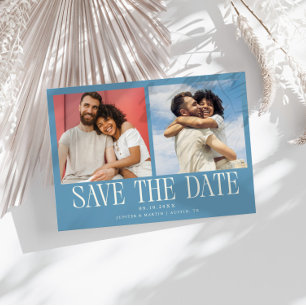 Moderne 2-Foto-Denimblaue Hochzeit Save The Date