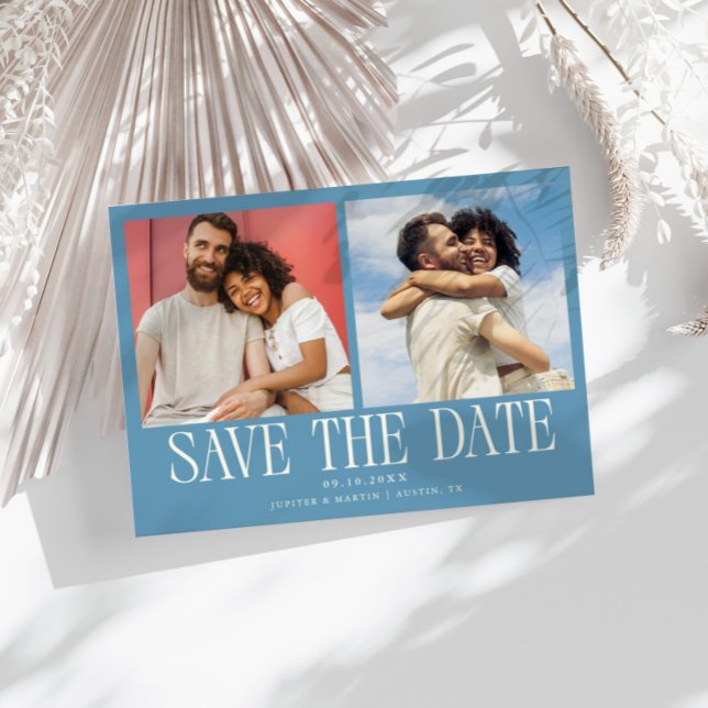 Moderne 2-Foto-Denimblaue Hochzeit Save The Date (Von Creator hochgeladen)