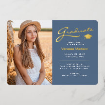 Moderne 2 Foto Dusty Blue & Gold Foil Grad Card