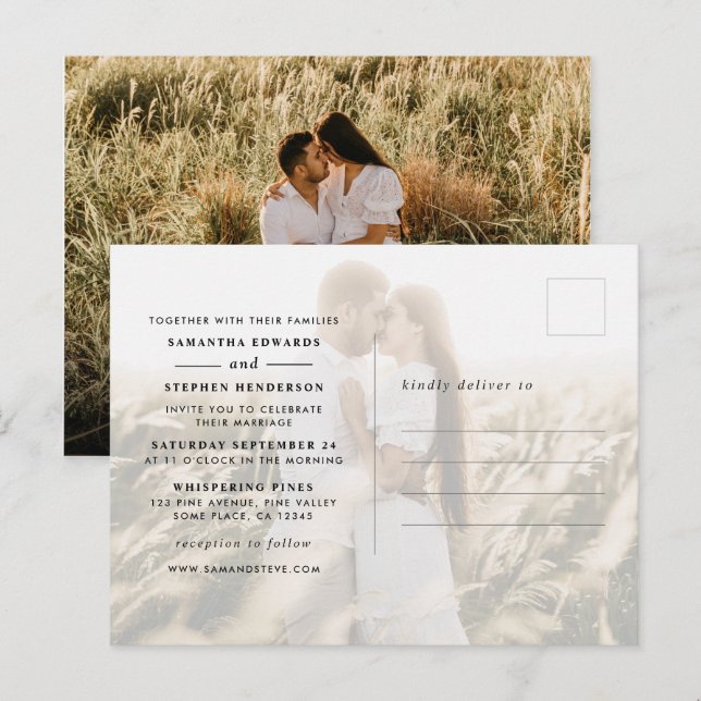 Moderne 2-Foto Hochzeit Einladungspostkarte (Vorne/Hinten)