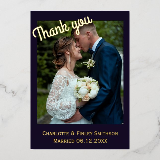 Moderne 2 Foto Rose Folie Hochzeit danke Karte (Vorderseite)