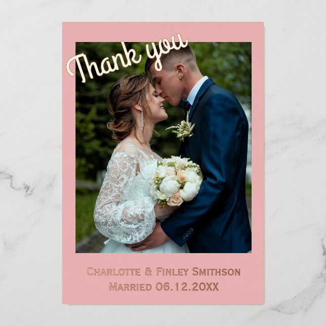 Moderne 2 Foto Rose Folie Hochzeit danke Karte (Vorderseite)