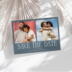 Moderne 2-Foto-Schieferblaue Hochzeit Save The Date