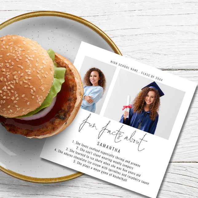 Moderne 2-Foto Script Fun Facts Graduation Party Serviette (Von Creator hochgeladen)