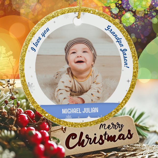 Moderne 2 Fotos Baby Boy First Christmas Opa Keramik Ornament (Modern Elegant Cute I love you, Grandpa! First Christmas Baby Boy 2 Photos Golden Faux Glitter Snow)