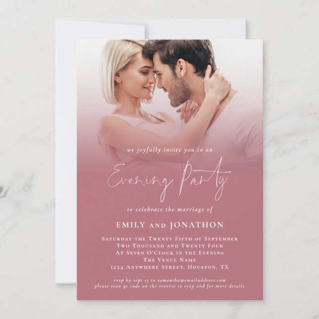 Moderne 2 Fotos Script Rose Gold Wedding Abend Einladung (Vorderseite)