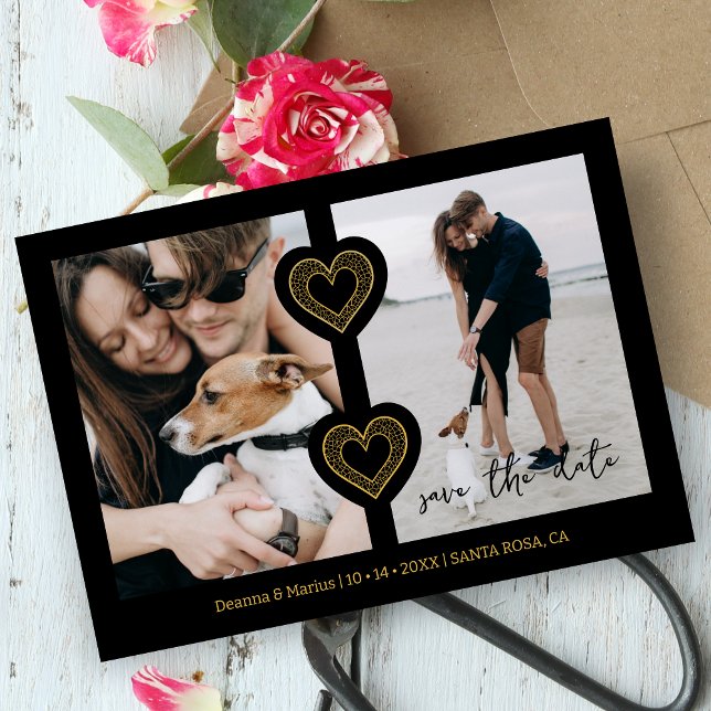 Moderne 2 Multi-Fotos & 2 Lace Hearts Black & Gold Save The Date (Modern 2 Multi Photos & 2 Fake Lace Hearts in Black & Faux Golden Wedding Save the Date Card.)