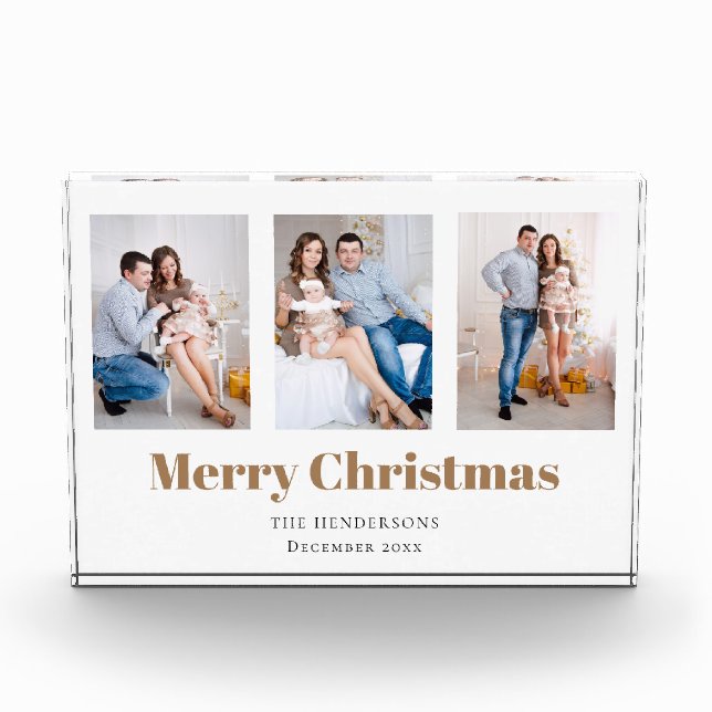 Moderne 3 Familienfoto Collage Frohe Weihnachten Fotoblock (Vorderseite)
