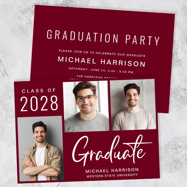 Moderne 3 Foto Burgundy Graduation Party Einladung (A modern photo collage graduation party invitation to celebrate the graduate's achievements)