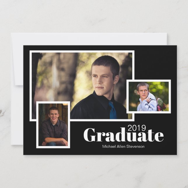 Moderne 3-Foto Classic Black Graduation Party Einladung (Vorderseite)