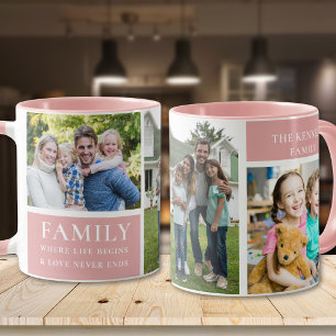 Moderne 3-Foto-Collage Familienliebe-Zitat Rosa Tasse