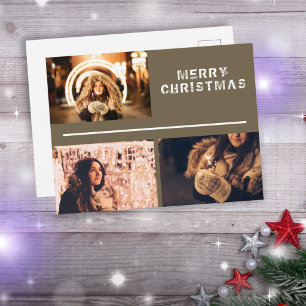 Moderne 3-Foto-Collage Frohe Weihnachten Postkarte