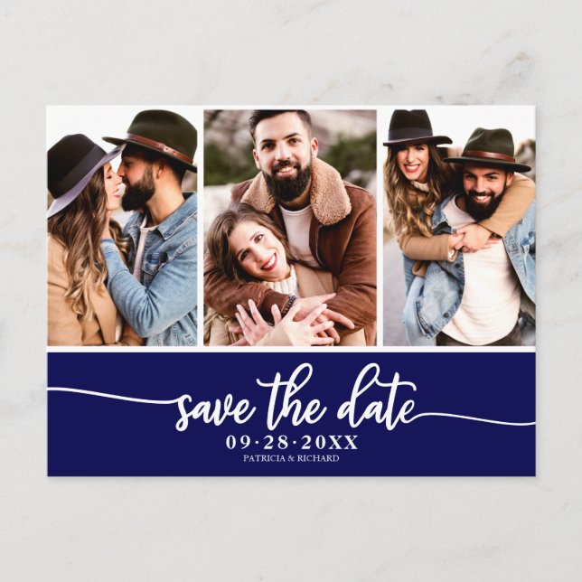 Moderne 3-Foto-Collage Hochzeit Save The Date Postkarte (Vorderseite)
