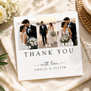 Moderne 3-Foto-Collage Minimalistische Hochzeit Qu Dankeskarte