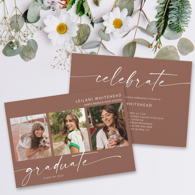 Moderne 3-Foto-Graduierungspartei braun Ankündigung (Von Creator hochgeladen)