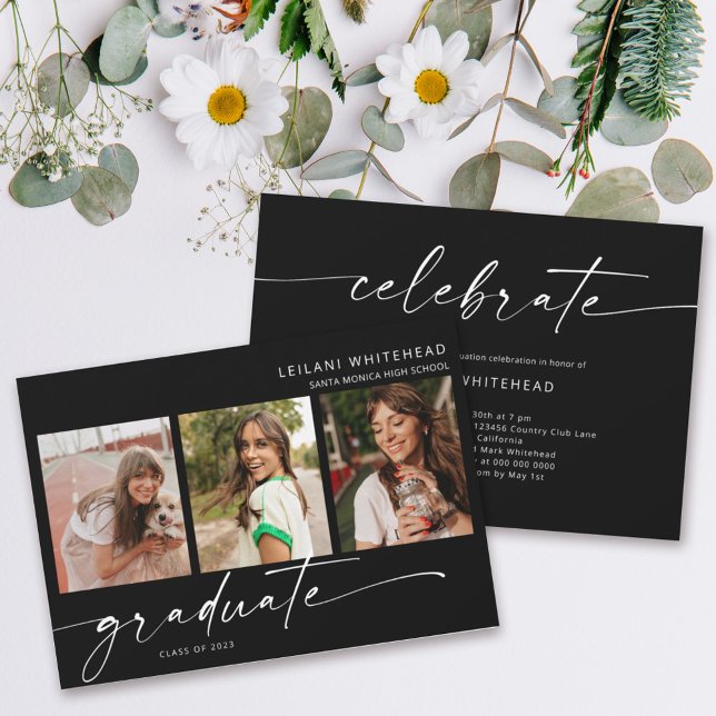 Moderne 3-Foto-Graduierungsparty Schwarz Ankündigung (Von Creator hochgeladen)