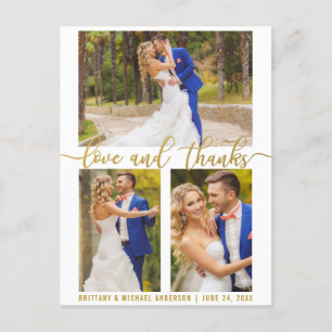 Moderne 3-Foto-Hochzeit Liebe und Dankeschön Gold  Postkarte