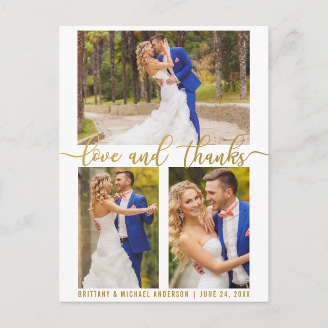 Moderne 3-Foto-Hochzeitsszene Liebe und dank Gold- Postkarte (Vorderseite)
