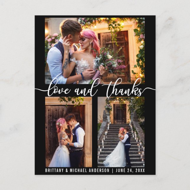 Moderne 3-Foto-Hochzeitsszene Liebe und Dankeschön Postkarte (Vorderseite)